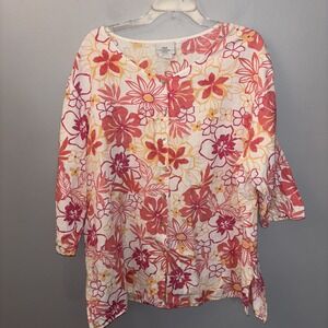 Hot Cotton Linen/Cotton‎ Button Down Pink Floral Blouse Women's Sz 3XL Tropical